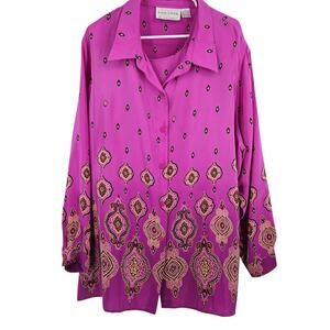 Silk Lore Blouse Top paisley Tank Set Pink Silk Button Down Long Sleeve 2X